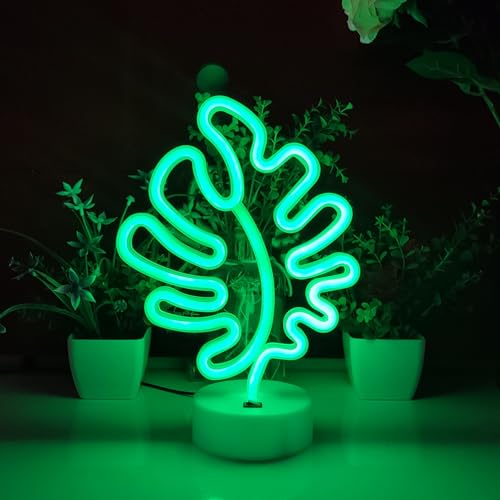 Image of JYWJ Neon Signs with Holder Base,USB or 3-AA Battery Powered Neon Light,LED Table Decoration,Bedroom Wall Decoration,Birthday Gift,Wedding Supplies Business Gift(Leaf)