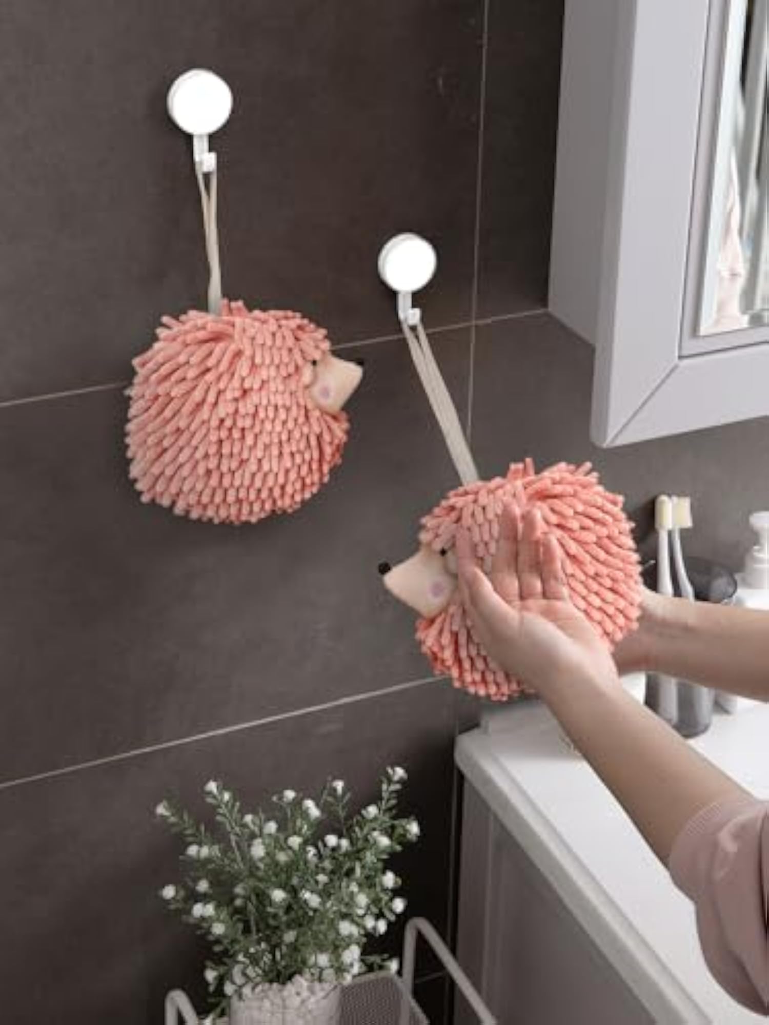 Fuzzy Ball Hand Towels Set of 2, Creative Hedgehog Design