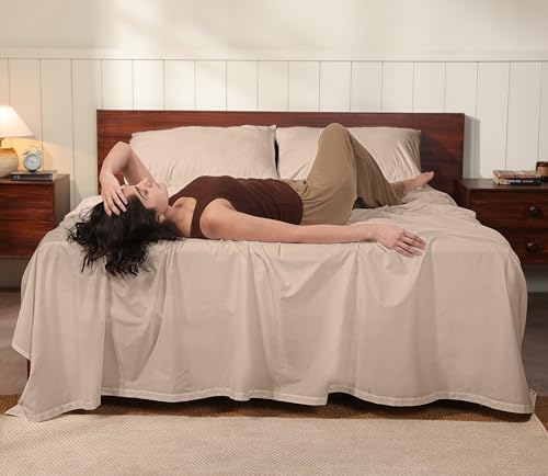 Image of RUVANTI 100% Cotton Percale Sheets Full - Crisp Cooling Summer Bed Sheets for Hot Sleepers, Deep Pocket 14 inch, Soft Peach Finish, Breathable & Durable Hotel-Style 4 Piece Set, Irish Cream