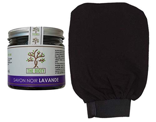 Savon Noir traditionnel avec Gant Kessa pour hammam et gommage naturel du maroc exfoliant en pot de 200 G (200g) : 4 Parfums (Lavande) Cover
