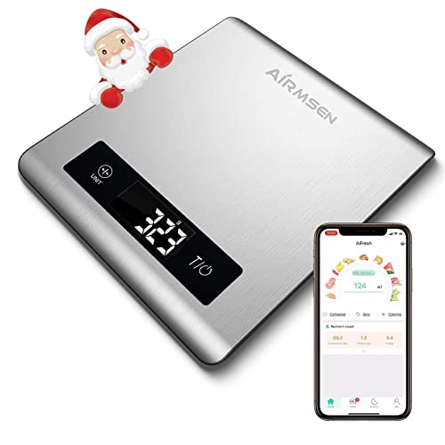 AIRMSEN Digitale Küchenwaage Bluetooth mit Nährwertrechner, Haushaltswaage Digital mit Großer Edelstahl Wiegefläche, LCD Display und Tara Funktion, 5kg/1g, Inkl.Batterie