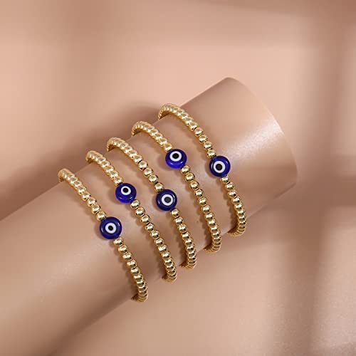 Evil Eye Luck Gold Beaded Protection Mal De Ojo Blue Eye Bracelets For Women Gifts For Bestfriends, Mother, Family Members, Siblings, Sister（5Pcs) #TOP5