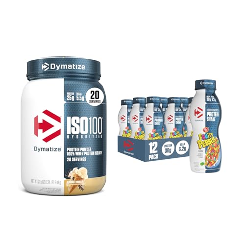 Image of Bundle of Dymatize Performance Protein Shake, Fruity Pebbles (12 pack) + ISO100 Whey Protein Powder Isolate, Gourmet Vanilla (20 Servings)