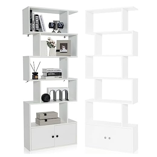 HOMASIS Bücherregal mit 5 Ebenen, Standregal mit Schrank & 2 Türen, Aufbewahrungsregal aus Holz, Wandregal Raumteilerregal Aufsteller für Wohnzimmer, Büro & Arbeitzimmer 70x23x183cm (Weiß)