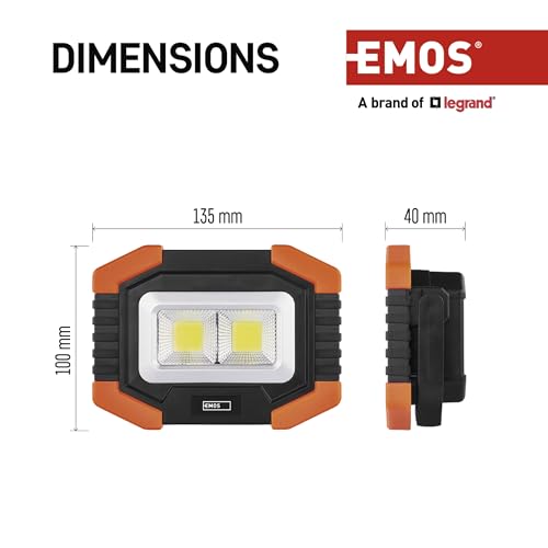 EMOS LED-Arbeitsleuchte, kleiner tragbarer Arbeitsstrahler, Helligkeit 350 lm, 110 m Leuchtweite, 2 Lichtmodi, batteriebetrieben mit bis zu 20 Stunden Leuchtdauer, drehbarer Handgriff