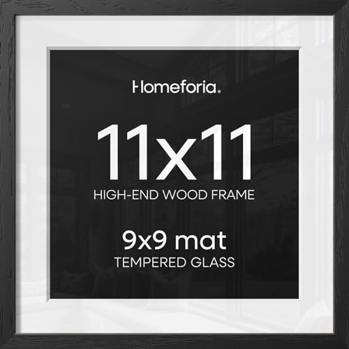 Image of Homeforia 11x11 Black Wood Frame, High-End Oak 11 x 11 Square Picture Frames with Mat 9 by 9 inch Photo, 11by11 Wooden Frame Matted to 9x9 Art, Wall Hanging Frames, Tempered Glass, Wall Kit, Set of 1