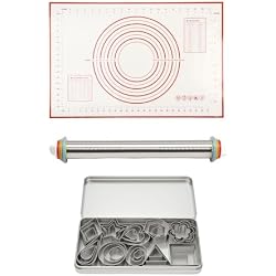 PROKITCHEN Rolling Pin with Adjustable Thickness Rings & Silicone Baking Pastry Mat Set, Stainless Steel Dough Roller, Rolling Pins with 30PCS Cookie Cutters, for Baking Fondant Pizza, Pie Crust
