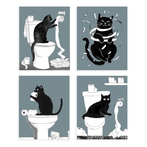 Dazzlewall 4Pcs Drôle Chat Salle de Bain Art Mural, Chat Noir Déroulant Papier Toilette Salle de...