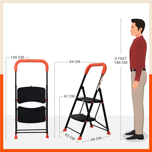 Image of Bathla 2 Step Ascend Steel Ladder for Home Use | Large Platform | (36 x 20.5 cm) | Wide Anti-Skid Steps | Safety Hand Grip | Heavy Duty Foldable | 120 kg Capacity | 2-Year Warranty | Orange & Black