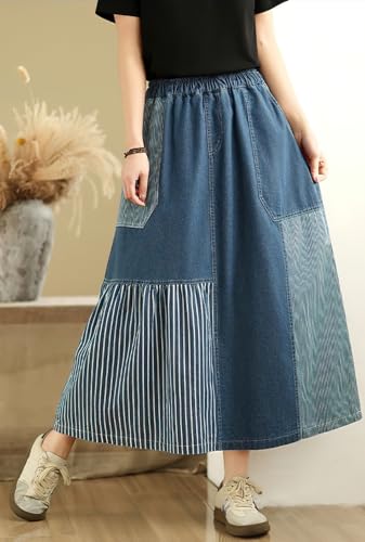 chouyatou Women's Retro Color Block Denim Skirt Striped Splicing Elastic High Waist A Line Midi Jean Skirt4