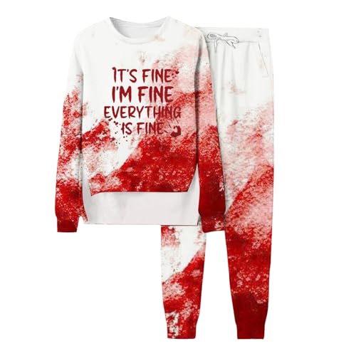 Eauptffy Sportanzug Damen, Sweatshirt und Lange Hose, Sweatshirt Anzug Blutspritzer Horror Sportanzug 2 Teilig Rundhalsausschnitt Sweatsuit Lockere Lässig Lounge Set Mode Halloween Sportswear Running