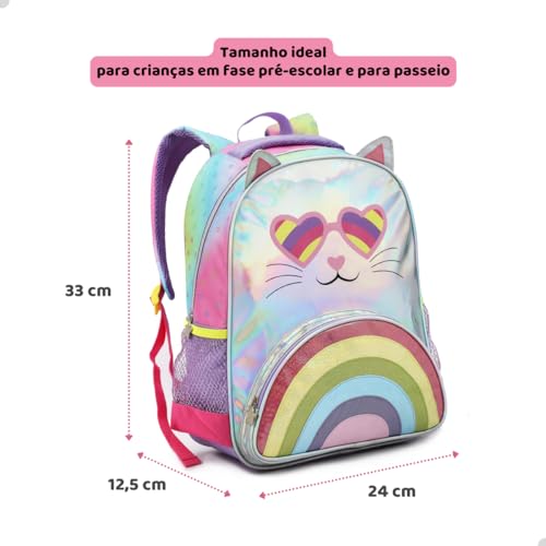 Mochila Unicornio Gatinho Escolar Creche Passeio Pequena Infantil Menina (Rosa Arco-íris)