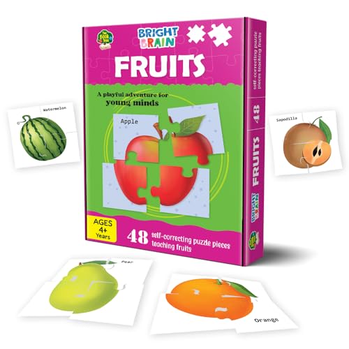 Image of THE BOOK TREE Bright Brain Fruits 48 Piece Paper Jigsaw Puzzle for Preschoolers, Educational Toy for Learning Fruits, Gifts for Kids Ages 3 to 6 By Majestic Book Club,Multicolor