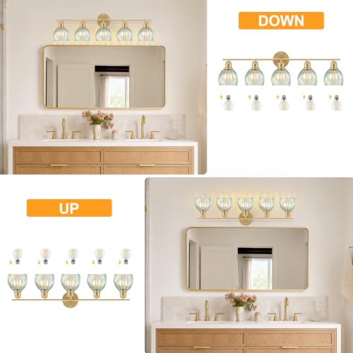 Image of Bathroom Light Fixtures, 5-Light Brushed Gold Vanity Lights for Bathroom with Blue Tulip Glass Shade, 30 inch Vintage Bathroom Vanity Lighting Fixtures Over Mirror for Bedroom Living Room Hallway
