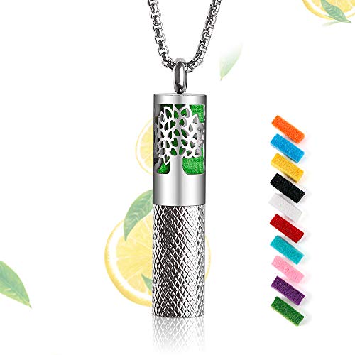 RoyAroma Essential Oil Diffuser Necklace,Aromatherapy Diffuser Tree of Life Pattern Pendant Locket Necklace, Diffuser and Container 2-in-1 Stainless Steel Necklace with 10 Color Pads