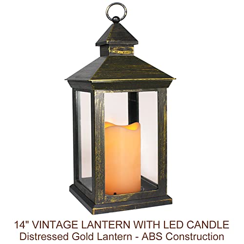 Bright Zeal 2-Pack 14" Tall Outdoor Lanterns With Led Candles And Timer - Distressed Gold Lanterns Battery Powered Led Decorative Tabletop - Vintage Style Decorative Lanterns With Led Pillar Candle #TOP1