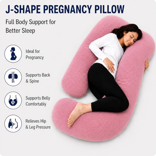 Image of Restify J-Shape Pregnancy Pillow for Women Sleeping | Full Body Maternity Pillow for Back, Hips, Legs & Belly Support | Removable & Washable Velvet Cover | Pink
