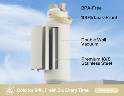 Image of POWCAN 40 oz Insulated Water Bottle with 2-in-1 Straw and Spout Lid, Keep Cold 24H, Leak-Proof, BPA-Free, Double Wall Stainless Steel Water Bottle for Sports, Gym, Travel, and School (Oat)