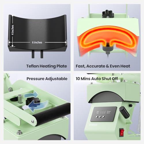 Hat Press Heat Machine for Caps with 2 Platens, Precise Temp&Timer Control, Hat Heat Press with Timer Auto Starter, Sublimation Hat Press for Trucker Hat & Iron on Vinyl, Heat Transfer (Light Green) by EENOUR - Image 7