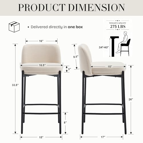 Image of 26 Inch Counter Height Bar Stools Set of 2, Modern Barstools, Beige