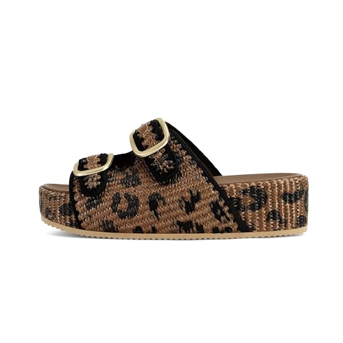 Image of Raffia Sandals for Women Platform Slide Sandals Espadrille Adjustable Double Buckle Summer Comfortable Cute Woven Casual Beach Shoes