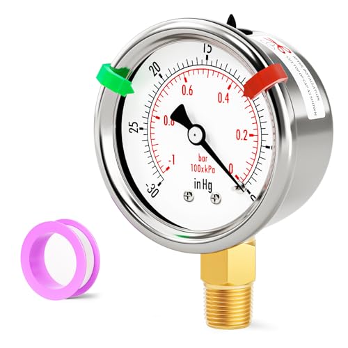 Image of -30inHg-0psi Stainless Steel Vacuum Industrial Pressure Gauge 1 /4 inch NPT 2 inch Dual Scale, Lower Mount,Waterproof, for Pneumatic Equipment, Pumps, compressors (with Range Mark Pointer)