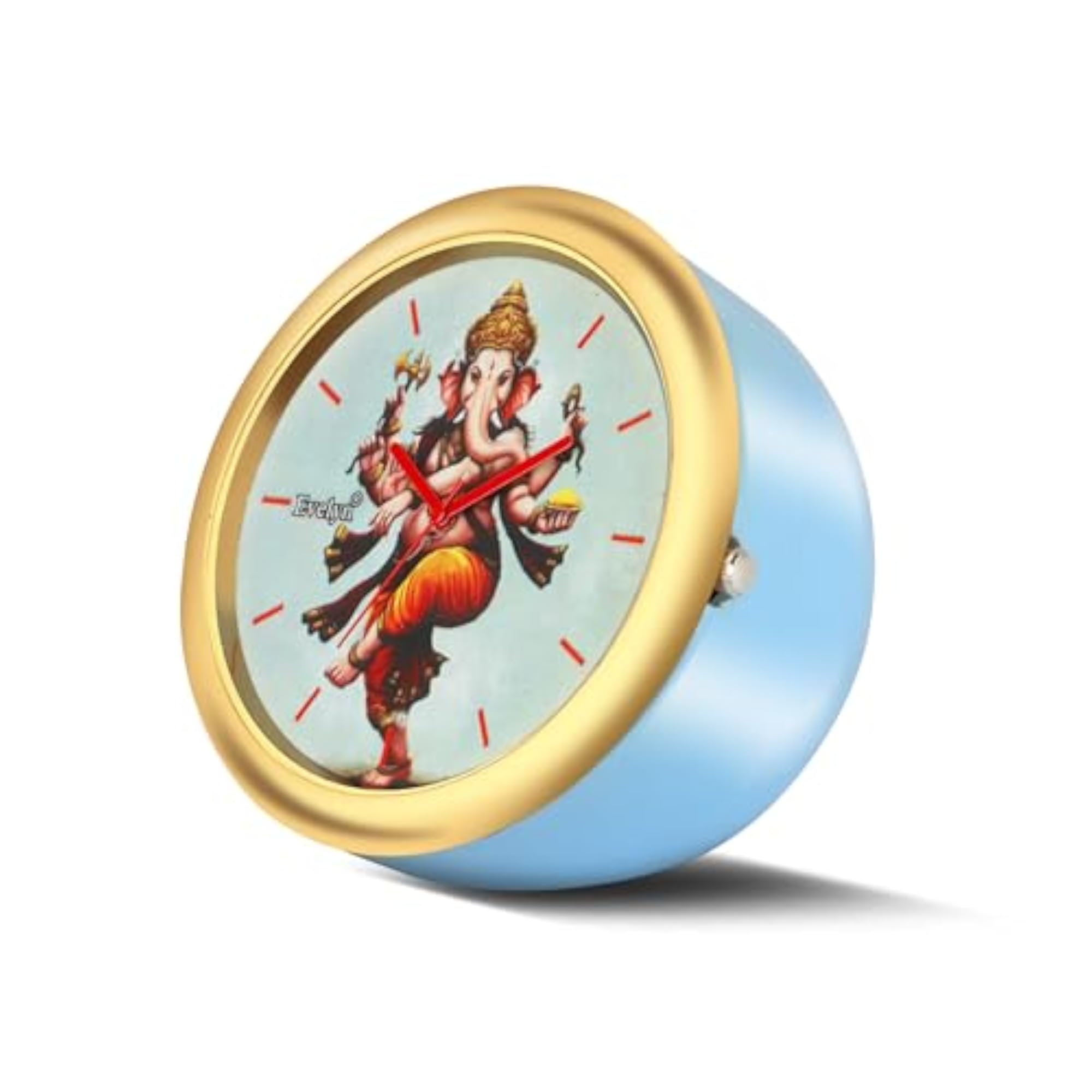 Dancing Ganesha Car Clock, Gold Frame with Light Blue Background