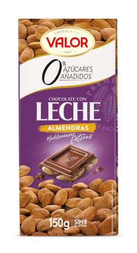 Valor - Chocolate con Leche y Almendras, 0% Azúcares Añadidos, 150 g | Chocolate con leche y almendras y chocolate sin azúcares añadidos, sin gluten, 150 g