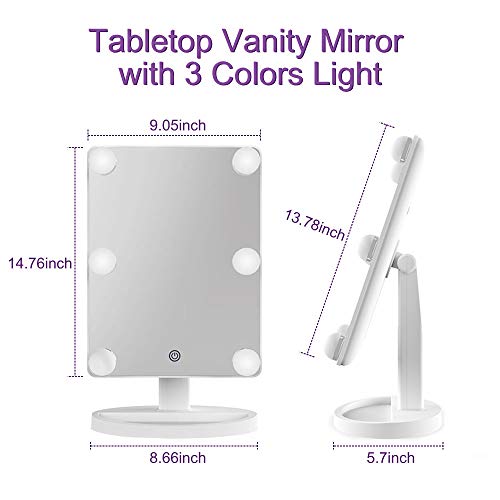 Hollywood Makeup Vanity Mirror with Lights Bedroom Lighted Standing Mirror with Dimmer, Screen Touch Control 360° Rotation Tabletop Cosmetic Mirror (White) - Thumbnail 5