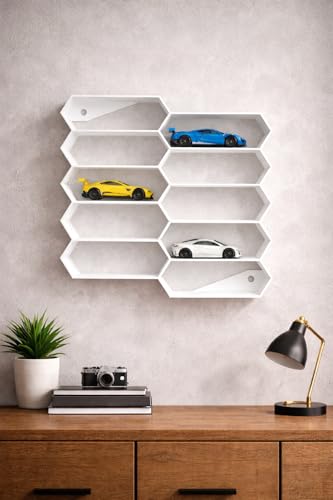 Image of 10-Car Hexagon Wall Rack Compatible with Hot Wheels Stand & 1:64 Die-Cast Cars | Stackable Wall Car Display Organizer with Side Guards & Screw Slot|Home & Office Decor (NO CAR INCLUDED)(White)