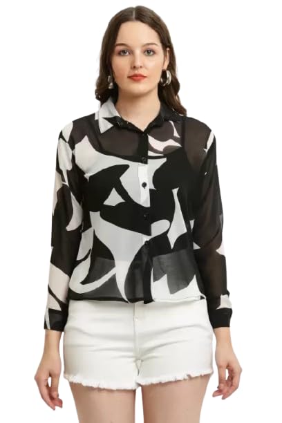 jc jummy couture Casual Regular Sleeves Printed Women Black Georgette Shirt-picture-34