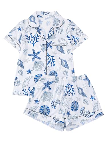 Women's 2 Piece Pajamas Set Short Sleeve Button Down Shirt and Shorts Cute Print Sleepwear Pjs Sets