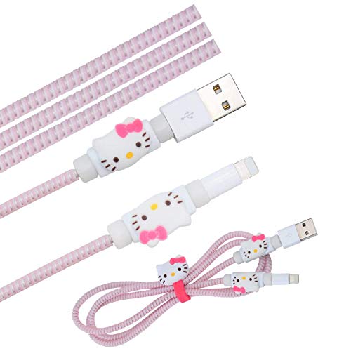 Cute Kitty Cat Cartoon Animal Kawaii Spring Cable Protector Cover Saver Sleeves/Cord Management+Charging Data USB Cable+Cable Ties Reusable Fastening/Cable Straps Organizer for Apple iPhone iPad