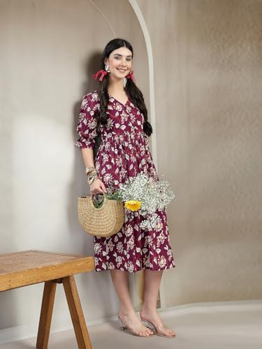 Image of Stylum Women's Ethnic Printed Cotton Flared Dress