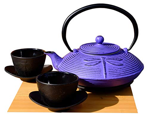 Set da tè con libellula in ghisa, colore: viola