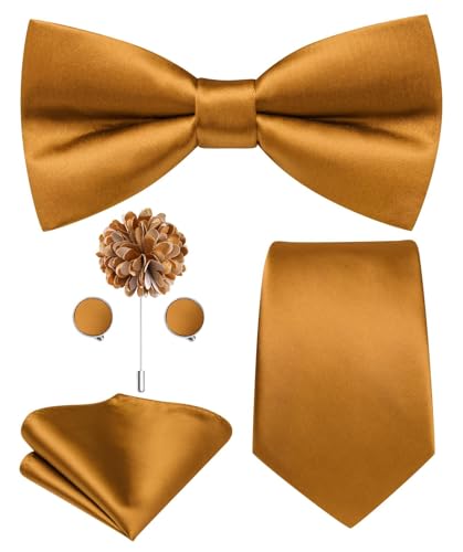 Image of Hi-Tie 5Pcs Mens Solid Color Silk Tie Satin Pretied Bowtie Lapel Pin for Men Handkerchief Cufflink Wedding Gift Box