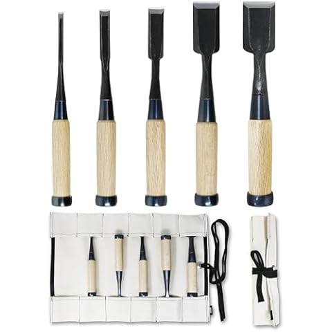 KAKURI Japanese Wood Chisel Set with Roll Up Case for Woodworking (1/4", 1/2", 3/4", 1-1/4", 1-3/8"), Made in JAPAN, Razor Sharp Japanese High Carbon Steel Blade, White Oak Wood Handle Cover