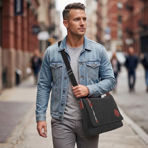 Mactso Vintage Canvas Messenger Bag for Men Women, 13.5 Inch Laptop Satchel Shoulder Bag with Multiple Pockets, Crossbody Bag for Work Travel College (Black) by Mactso - Image 3