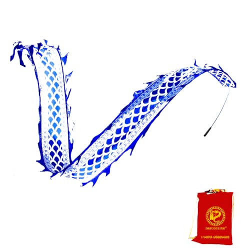 19.6 FT Silk-Like Blue Dragon Poi, Flinging Dragon Spiral Practice Ribbon Streamer with 90 cm Stretchable Fiberglass Handstick Rod + Travel Carry Bag!