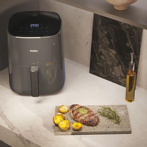 Haier Air Fryer Compact 5L, 4-6 personnes, Ecran Tactile Digital LED, 6 Programmes 80-200°C, Friteuse sans huile, Cuisson à l'Air Chaud, Rôtissage, Gril, Décongélation, Gris