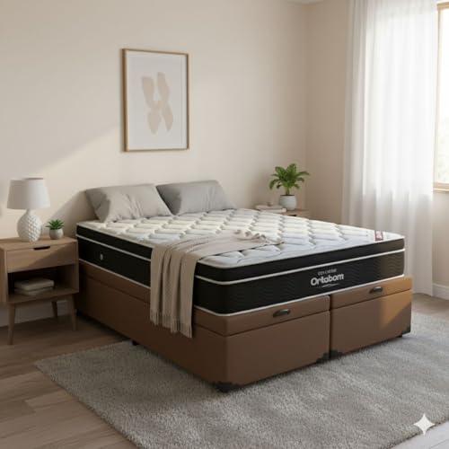 Cama Box Com Baú Queen Bipartido Corino + Colchão de Molas Ensacada Elegant - 158cmx1.98cm (Marrom)