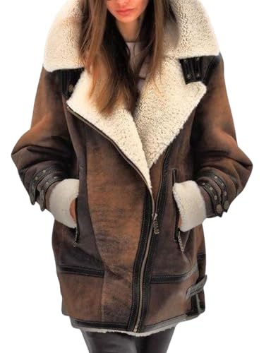 loveimgs Women Winter Long Suede Jacket Sherpa Fleece Oversized Faux Leather Jacket Moto Zip Warm Shearling Coat