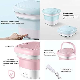 Portable Washing Machine, Mini Foldable Washing Machine with Handle, Ozone Sterilization, Ultrasonic Cleaning Machine, Small Automatic Folding Laundry Washer for Travel and Home Underwear (Pink)