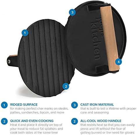 Joejis Burger Meat Bacon Press - Heavy Duty Cast Iron Non-Stick - Hamburger Patty Maker - Burger Smasher to Sear Perfect Char Marks