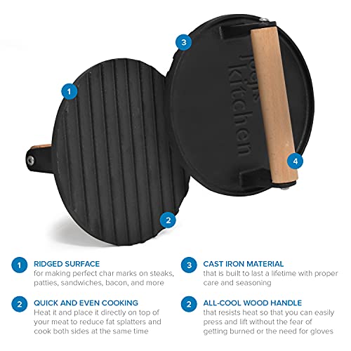 Joeji's Kitchen gietijzeren burgerpers met antiaanbaklaag, zware gietijzeren burgerpers met cool touch houten handvat, geribbelde burgerkraker om perfecte schroeistrips te creëren - Image 4