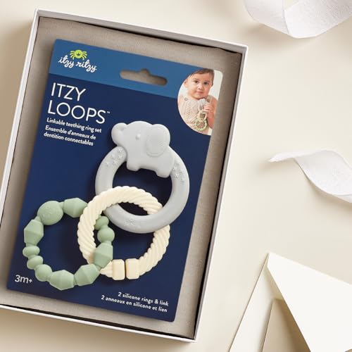 Image of Itzy Ritzy Itzy Loops Silicone Sensory Teether - Includes 2 Soft Textured Teething Rings & 1 Link - Easy to Hold for Babies - Attaches to Stroller, Car Seat & More - BPA-Free - Elephant Design