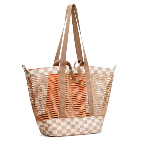G4Free Mesh Beach Bags for Women Men Extra Large Packable Beach Tote Bag Reversible Travel Pool Shopping, Brown & Orange