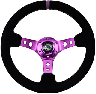 NRG Innovations NRG-RST-006S-PP 強化ハンドル 350mm スポーツハンドル(深さ3インチ) - ブラックスエード、パープルセンターマーク、パープルステッチ、パープルスポーク