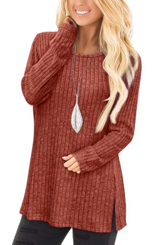 Image of Jescakoo Long Sleeve Shirts for Women Crew Neck Fall Tops Side Split Lightweight Tunic Sweaters Fashion Clothes 2025 S-4XL