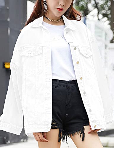 Qibabu Women Mid Long Denim Jacket Trucker Biker Oversized Distressed Jean Jackets (0855-White-Xxl-Qb) #TOP1